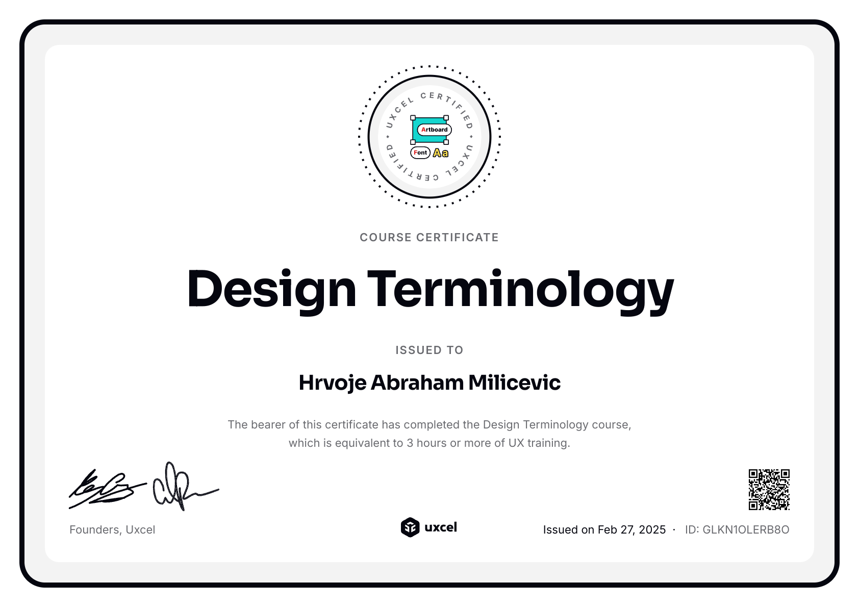 Hrvoje Abraham Milicevic's certificate